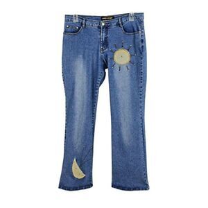 Long Ju Mei Boot Cut Jeans Mid Rise Applique Sun Moon Blue Size 13/14 Juniors